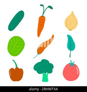 Set aus Gemüsegotte, Brokkoli, Zwiebeln, Gurken, Kohl, Rote Chili, Paprika, Karotte, Spinat Stock Vektor