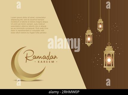 Ramadan kareem Hintergrundbanner Poster mit Mond und hängenden Laternen auf braunem Hintergrund. Stock Vektor