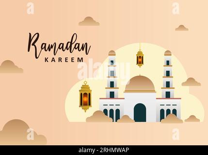 Ramadan kareem Hintergrundbanner Poster islamischer Gruß mit goldener Laterne und großer Moschee. Stock Vektor