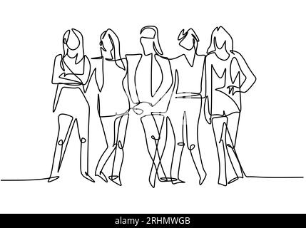 Eine durchgehende Einzellinie der trendigen Geschäftsfrauengruppe isoliert auf weißem Hintergrund. Stock Vektor