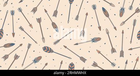 Set aus nahtlosem, unregelmäßigem Vogelfedern-Pfeil-Muster im handgezeichneten Tribal-Stil. Gut für Textilien, Papier, Tapeten und Webseiten. Vektor illustr Stock Vektor
