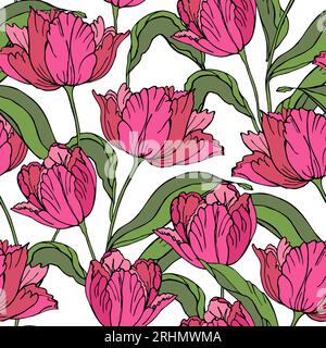 Handgezeichnetes nahtloses Muster mit Tulpenblüten für ein textiles Design. Floraler Vektorhintergrund im Frühling Stock Vektor