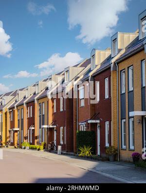 Holländisches Vorstadtviertel mit modernen Einfamilienhäusern, neu gebauten modernen Einfamilienhäusern in den Niederlanden, holländischem Einfamilienhaus in den Niederlanden, Reihe moderner Häuser in zeitgenössischem Viertel Stockfoto