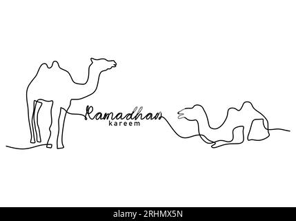 Eine durchgehende einzelne Zeile des Wortes ramadan kareem mit zwei Kamelen auf Wüste isoliert auf weißem Hintergrund. Stock Vektor