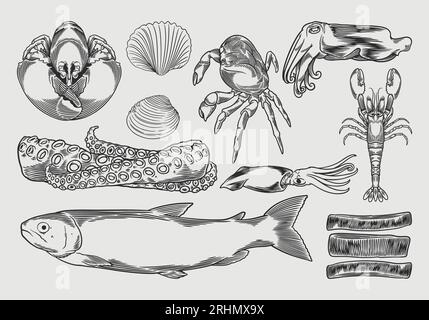 Seafood Zeichnungsset Vektorillustration. Handgezeichnete Skizze Jahrgang von Hand gezeichnet Linie Meeresfische, Austern, Muscheln, Hummer, Tintenfisch, Oktopus, Krabben, PR Stock Vektor