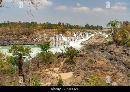 Die Mekongfälle Nam Tok Khon Phapheng, Si Phan Don, Provinz Champasak, Laos, Asien | Khon Phapheng Wasserfälle am Mekong, Si Phan Don, Cham Stockfoto