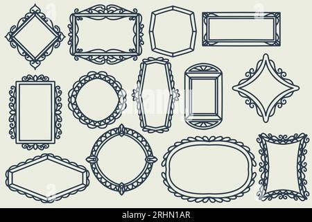 13 handgezeichnetes Rahmendekorationsset. Sammlung von handgezeichneten Doodle-Rahmen isoliert auf weißem Hintergrund, schwarze Zeichnungen Set, minimal freihändig gezeichnet SK Stock Vektor