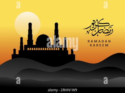 Ramadan kareem Grußkarte Hintergrund mit islamischer Kalligraphie und Moschee Silhouette. Stock Vektor