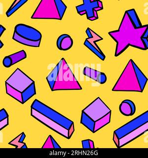 Nahtloses 90er-Jahre-Nostalgie-Muster im geometrischen Stil auf blauem Hintergrund. Stock Vektor