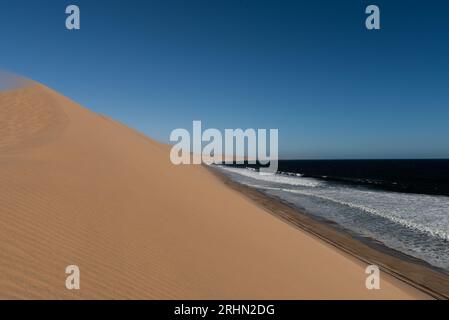 Where the Namib desert meets the Atlantic Ocean on the way to Sandwich Harbour Stock Photo