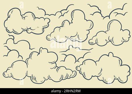 Handgezeichnete natürliche Dekoration mit Wolken in handgezeichnetem Vintage Retro-Stil isoliert auf weißem Hintergrund. Zeichentrickdesign-Elemente. Stock Vektor