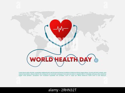Weltgesundheitstag Hintergrund Banner Poster mit Herzschlag, Stethoskop und Weltkarte auf weißem Hintergrund. Stock Vektor