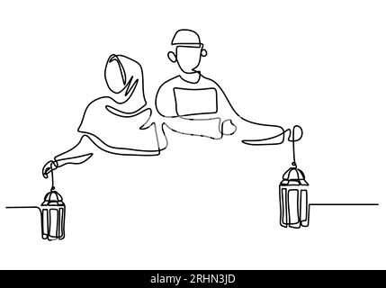 Eine durchgehende einzelne Linie muslimischer Paare bringt Laternen isoliert auf weißem Hintergrund. Stock Vektor