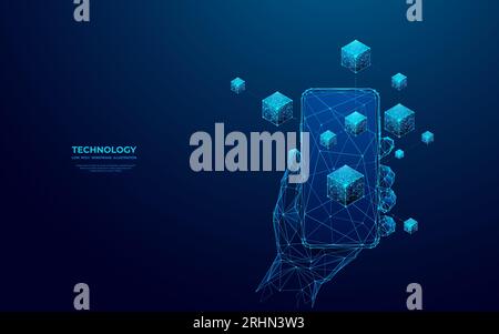 Abstraktes Handheld-Telefon mit Blockchain auf einem leeren Bildschirm. Stock Vektor