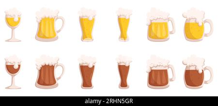 Vektorillustration einer Vielzahl von Bierbechern mit verschiedenen Biersorten. Handgezeichnete Zeichentrickillustration Stock Vektor