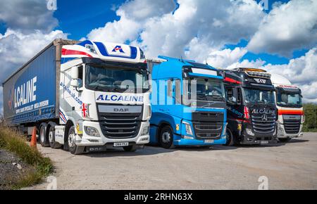 Vier kommerzielle knickgelenkte Lastkraftwagen oder Lkw mit einer Tragfähigkeit von jeweils bis zu 44 Tonnen, die in einer Linie am Lincoln Farm Truck Stop in Balsall geparkt sind Stockfoto