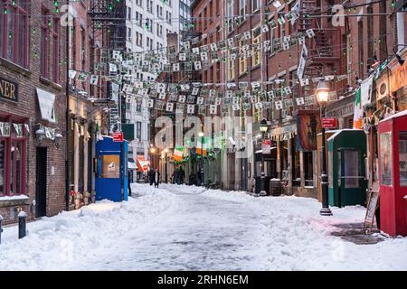 Schnee auf der Stone Street in Lower Manhattan Stockfoto