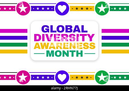 Wir feiern den Global Diversity Awareness Month, Hintergrunddesign mit bunten Formen und Typografie. Stockfoto