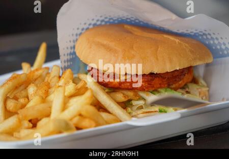 Nahaufnahme von Burger und pommes frites im Teller auf dem Tisch Stockfoto