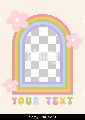 Handgezeichneter grooviger Regenbogenrahmen. Süßer farbenfroher Retro-Hintergrund. Trendiges Funky Design für Banner, Social Media Marketing, Branding, Cover, Sale Stock Vektor