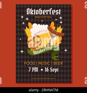 Plakatschablone Oktoberfest Deutsches Bierfest. Design mit einem Glas Bier, Brezel und Gabel mit Wurst, Weizen und Blättern. Rhombus-Muster auf der Rückseite Stock Vektor