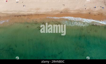 Direkt aus der Vogelperspektive von der wunderschönen Stadt Albufeira in Portugal, die den Strand Praia da Oura zeigt und Menschen, die sich im Urlaub auf der entspannen Stockfoto