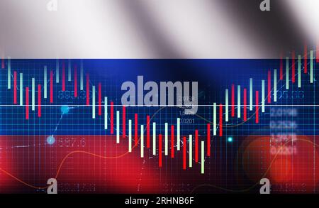 Hintergrund des russischen Wirtschafts- und Börsenkonzepts mit Grafik und wehender Flagge. Finanz- und Geschäftshintergrund mit russischer Flagge Stockfoto