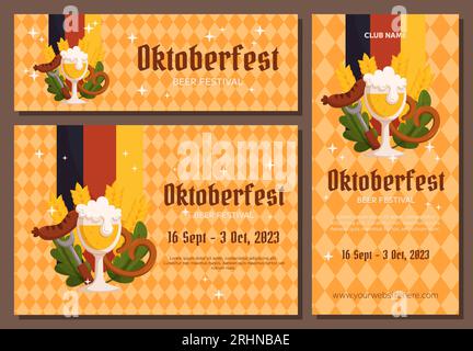 Oktoberfest Deutsches Bierfest Hintergrund, vertikale und horizontale Bannersammlung. Design mit einem Glas Bier, einer Gabel mit gegrillter Wurst, Brezel, Stock Vektor