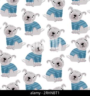 Nahtloses Vektor-Muster mit süßen Pugs in blauem Tshirt. Perfekt für Kindermuster für Jungen. Einfaches süßes Mops-Hündchenmuster im handgezeichneten Stil. Vektorillustration Stock Vektor