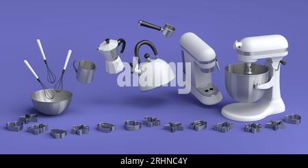 Espressomaschine, Handmixer, Wasserkocher und Toaster zur Zubereitung des Frühstücks auf violettem Hintergrund. 3D Rendering der Kaffeekanne für die Zubereitung von Latte-Kaffee Stockfoto