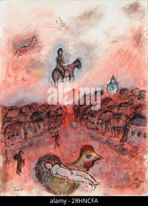 Repos sur coq et chevauchée au Village rouge. Museum: PRIVATSAMMLUNG. Verfasser: MARC CHAGALL. Stockfoto