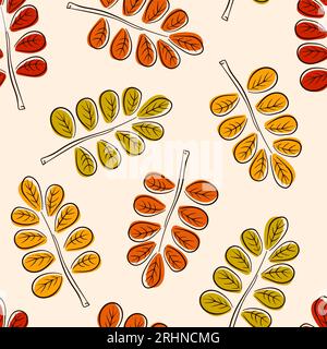 Nahtloses Muster mit herbstlichen Akazienblättern in flacher Linienführung. Perfekt für Tapeten, Geschenkpapier, Musterfüllungen, Webseiten-Hintergrund, Herbst Stock Vektor