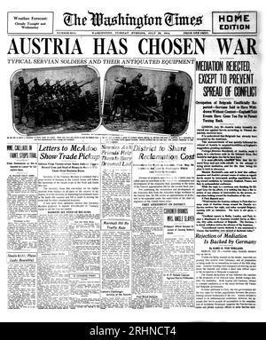 Die Washington Times Titelseite vom 28. Juli 1914: „Österreich hat sich für den Krieg entschieden“. Museum: PRIVATSAMMLUNG. Autor: Historisches Objekt. Stockfoto