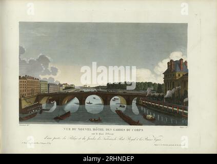 Vue du Nouvel Hôtel des Gardes du Corps sur le quai d'Orsay, d'une partie du palais et du jardin des Tuileries, le Pont Royal et. Museum: PRIVATSAMMLUNG. Verfasser: Henri Courvoisier-Voisin. Stockfoto