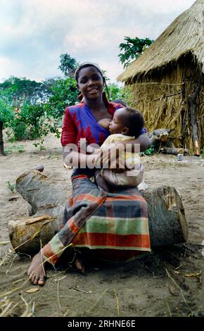 Mosambik Porträt einer stillenden Frau, die auf einem Baumstamm vor der Reetdachhütte sitzt Stockfoto