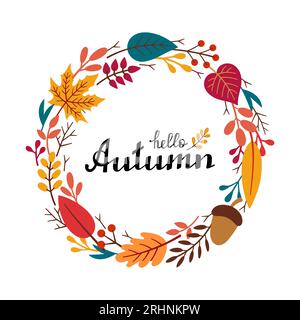 Herbstdekorativer runder Rahmen, Schablone mit Herbstelementen - Blätter, Zweige, Eichel, Beeren und Schriftzug HALLO HERBST. Von Hand gezeichnete Vektorgrafik im Doodle-Stil. Stock Vektor