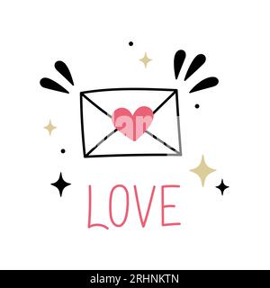 Süßer Liebesbriefumschlag isoliert auf weißem Hintergrund. Hand gezeichnete Linie Kunst Vektor Illustration mit Schrift LIEBE. Abbildung im Kritzelstil. Stock Vektor