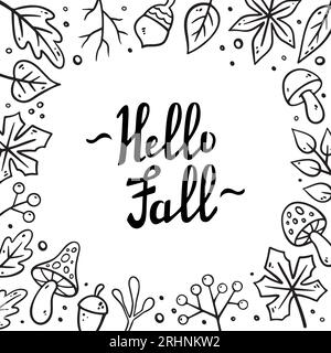 „Hallo Herbst“-Schriftzug. Rechteckiger Rahmen im Herbst. Herbstlaub-Rahmen im Doodle-Stil. Herbstelemente - Blätter, Eicheln, Zweige, Beeren. Karikaturillustration, Dekorrahmen mit handgeschriebener Kalligraphie. Stock Vektor