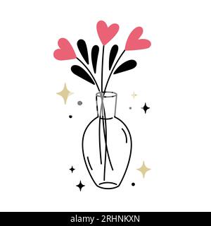 Niedlicher Blumenstrauß aus Herzblüten in Vase isoliert auf weißem Hintergrund. Handgezeichnete Linie Kunst Vektor Illustration. Abbildung im Kritzelstil. Stock Vektor