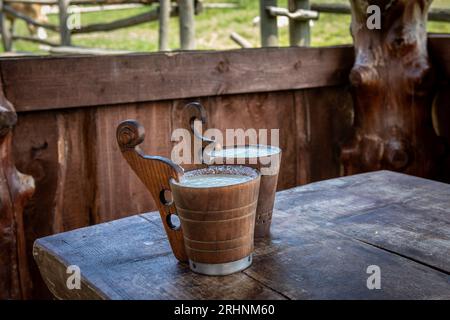 Zwei Holztassen mit fermentierter Schafmilch auf dem Tisch. Hirtenhütte in Pieniny, Polen. Stockfoto