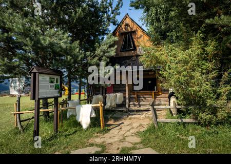 Jaworki, Polen - 19. Juli 2023: Hölzerne Hirtenhütte 'Bacowka u Wojtka', traditionelles Schafmilch- und Käsegeschäft in den Bergen Pieniny. Stockfoto