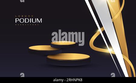 Eleganter schwarzer und goldener Hintergrund mit 3D-Podium und goldenen Linien für die Produktanzeige Stock Vektor