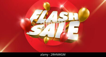 Flash-Verkaufsbanner mit 3D-Text und Ballons auf rotem Hintergrund. Sonderangebot Banner oder Poster Template Design für Social Media und Website Stock Vektor