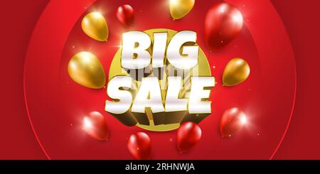 Großes Verkaufsbanner mit 3D-Text und Ballons isoliert auf rotem Hintergrund. Sonderangebot Banner oder Poster Template Design für Social Media und Website Stock Vektor