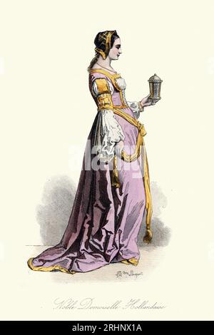 Geschichte der Damenmode, Mittelalter 16. Jahrhundert Noble niederländische Mädchen 1509, Kleid, historische Kostüme. Pauquet Brüder 1875 Stockfoto