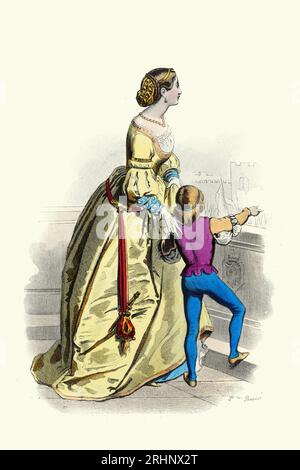 Geschichte der Damenmode, mittelalterliche venezianische junge Dame und Kind aus dem 16. Jahrhundert, gelbes Kleid, historische Kostüme 1514. Pauquet Brüder 1875 Stockfoto