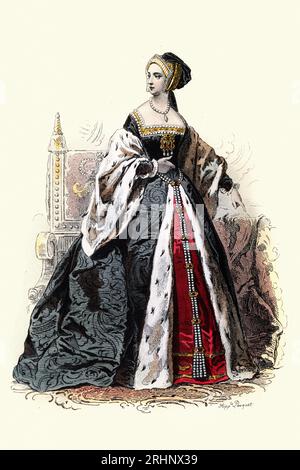 Geschichte der Tudor-Mode, Anne Boleyn Königin von König Heinrich VIII. Von England mittelalterliches 16. Jahrhundert 1536, historische Kostüme. Pauquet Brüder 1875 Stockfoto