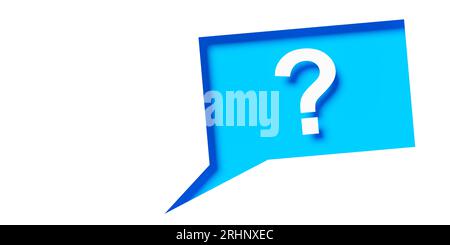Rechteckiger Ausschnitt, weiße Sprechblase mit Fragezeichensymbol auf blauem Hintergrund, Hilfe, Support oder faq-Konzept, 3D-Illustration Stockfoto