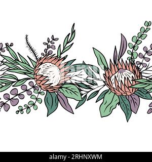 Farbenfrohe, nahtlose Bürste mit tropischen protea-Blumen und Eukalyptus Stock Vektor