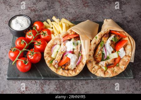 Griechischer Fast Food Gyros mit Huhn, Tomaten, Gurken und Zwiebeln serviert mit Tzatziki-Sauce und Pommes Frites aus nächster Nähe auf einem Brett auf dem Tisch. Horiz Stockfoto